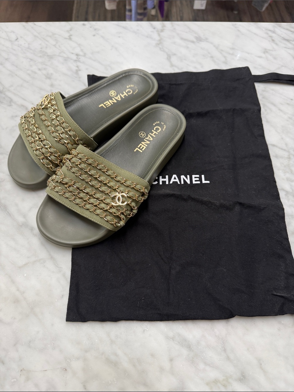 CHANEL Olive Green Chain-Embellished Slide Sandals